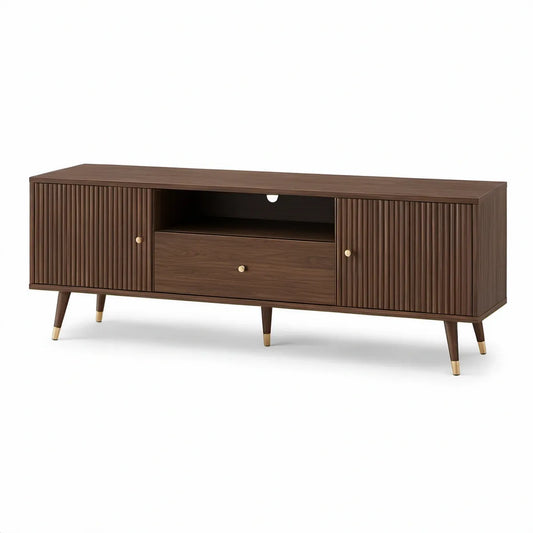 TV stolek z MDF v dekoru tmavého ořechu se zlatými detaily, 160 × 40 × 60 cm