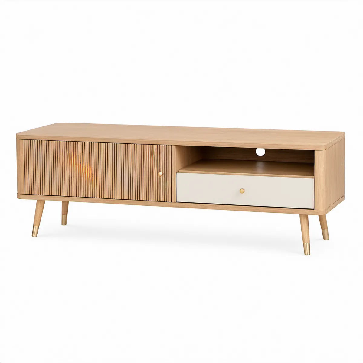 TV skříňka 120 × 40 × 50 cm z MDF a masivního dřeva, přírodní dub/béžová/zlatá